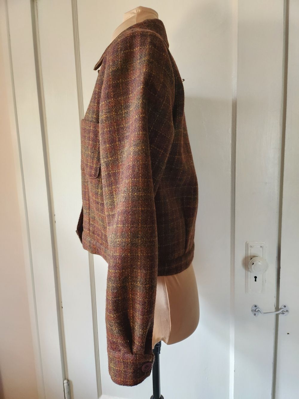 Vtg 100% Wool Autumn Leaves Brown Checked Plaid Tweed Bomber Jacket - Picture 3 of 11